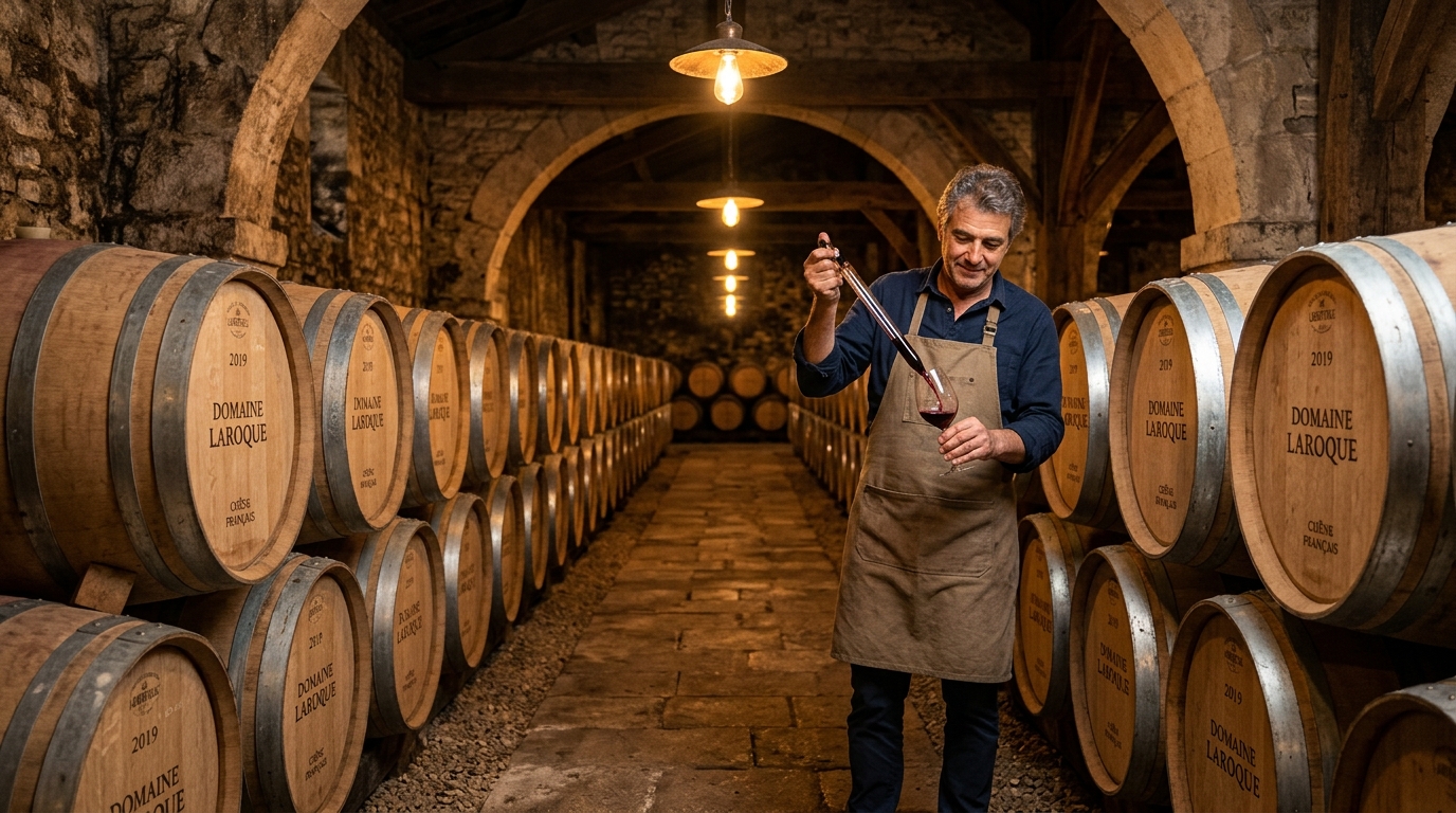 Chai à barriques de chêne de La Cave des Vignerons de Tursan à Geaune
